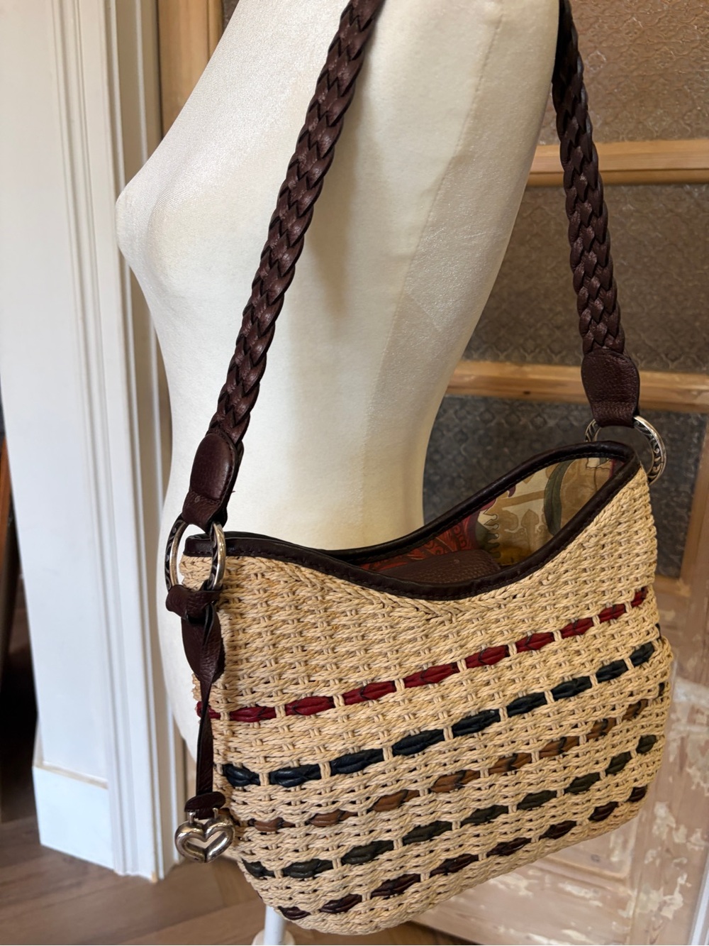 Brighton straw leather colorful woven shoulder bag / purse straw excellent!